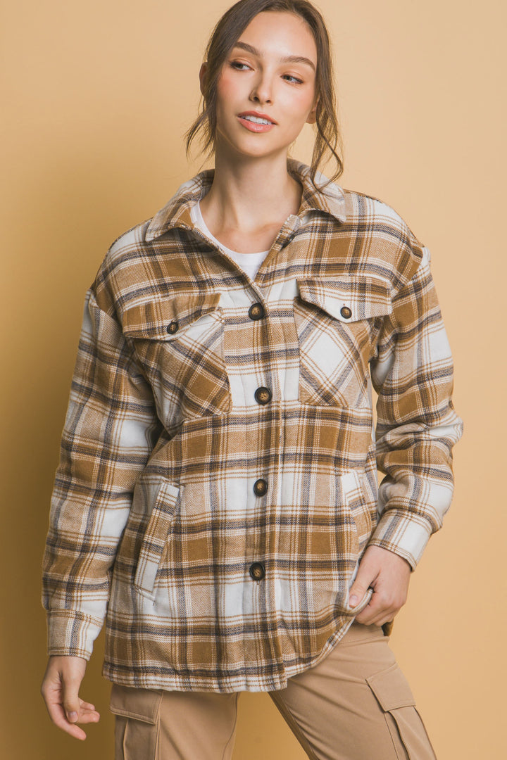 Nights In Gatlinburg Plaid Sherpa Shacket (Cocoa)