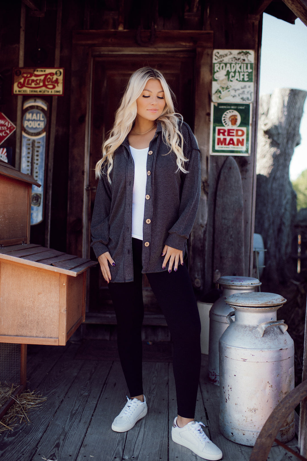 Feelin' Fine Ribbed Button Down (Charcoal)