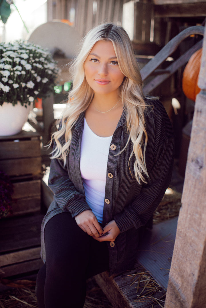 Feelin' Fine Ribbed Button Down (Charcoal)