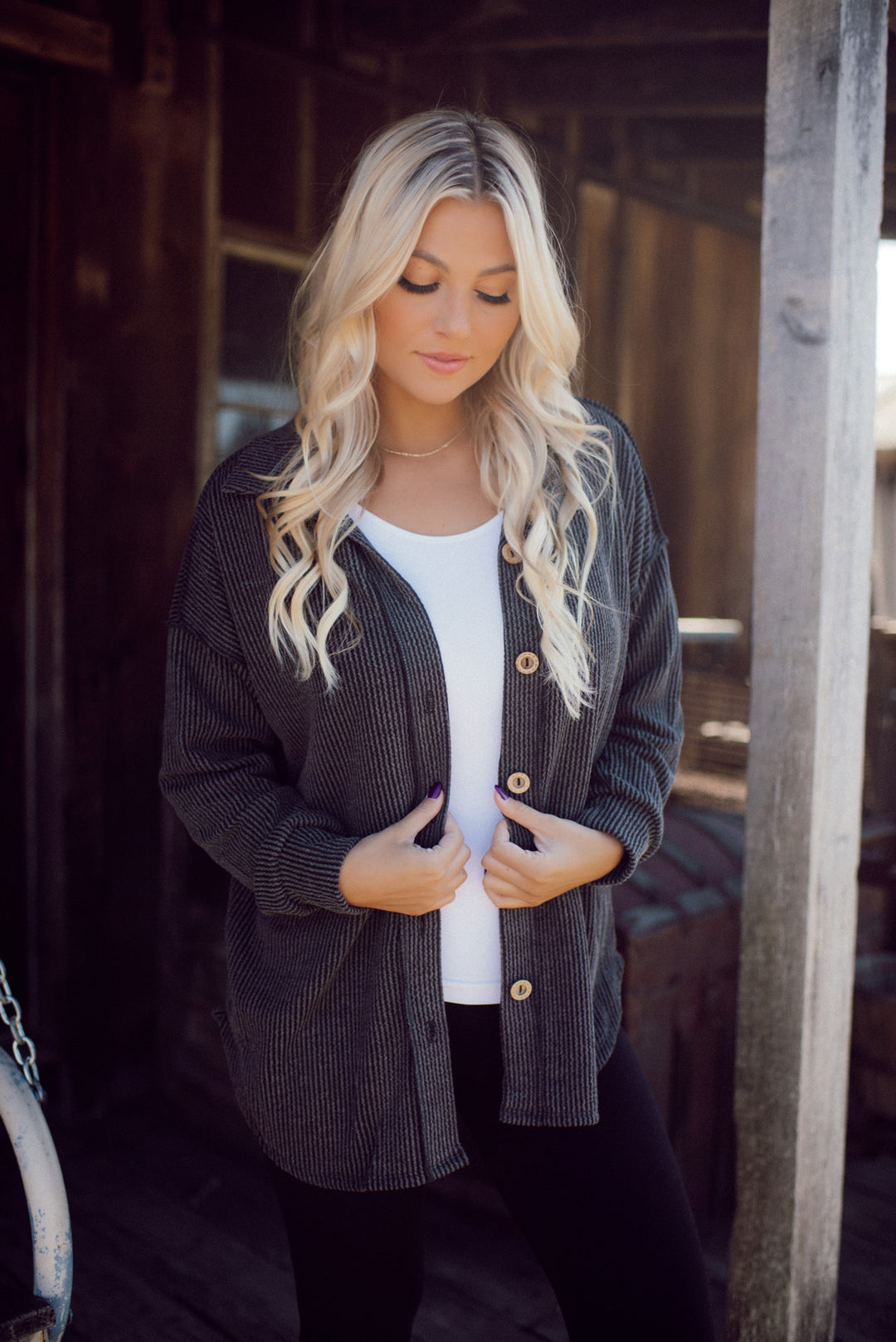 Feelin' Fine Ribbed Button Down (Charcoal)