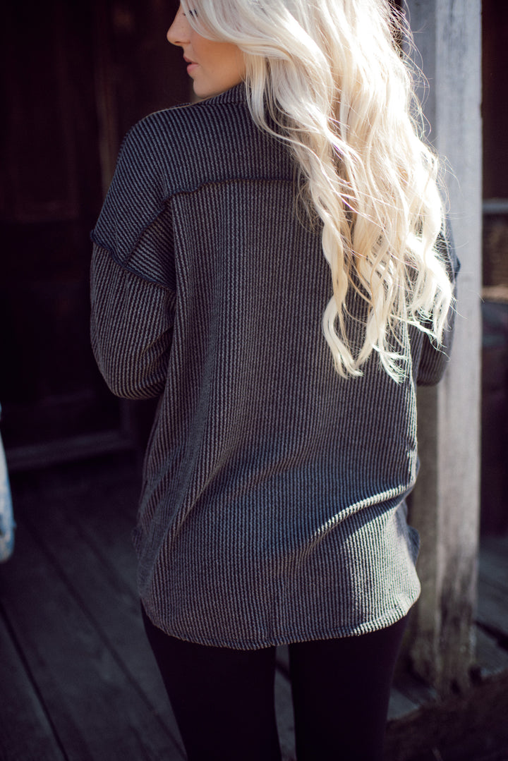 Feelin' Fine Ribbed Button Down (Charcoal)