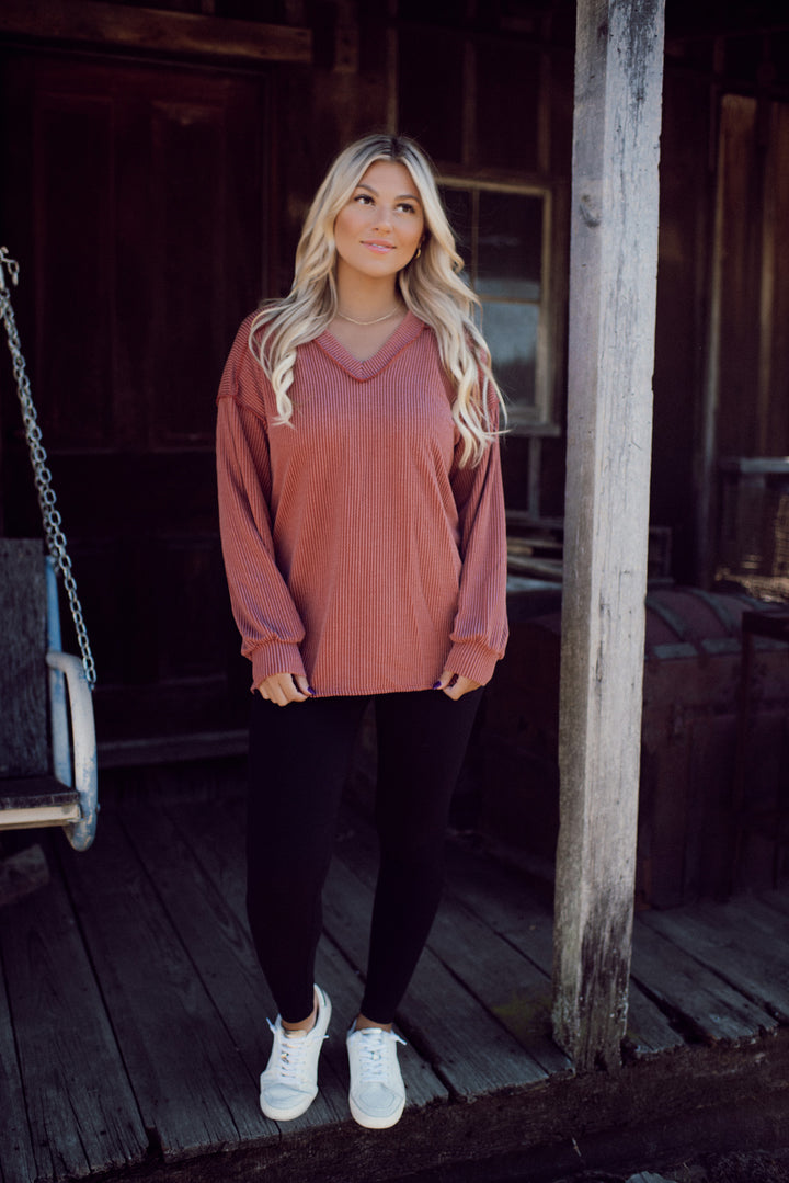 Ribbed Appeal Long Sleeve V-Neck (Rust)