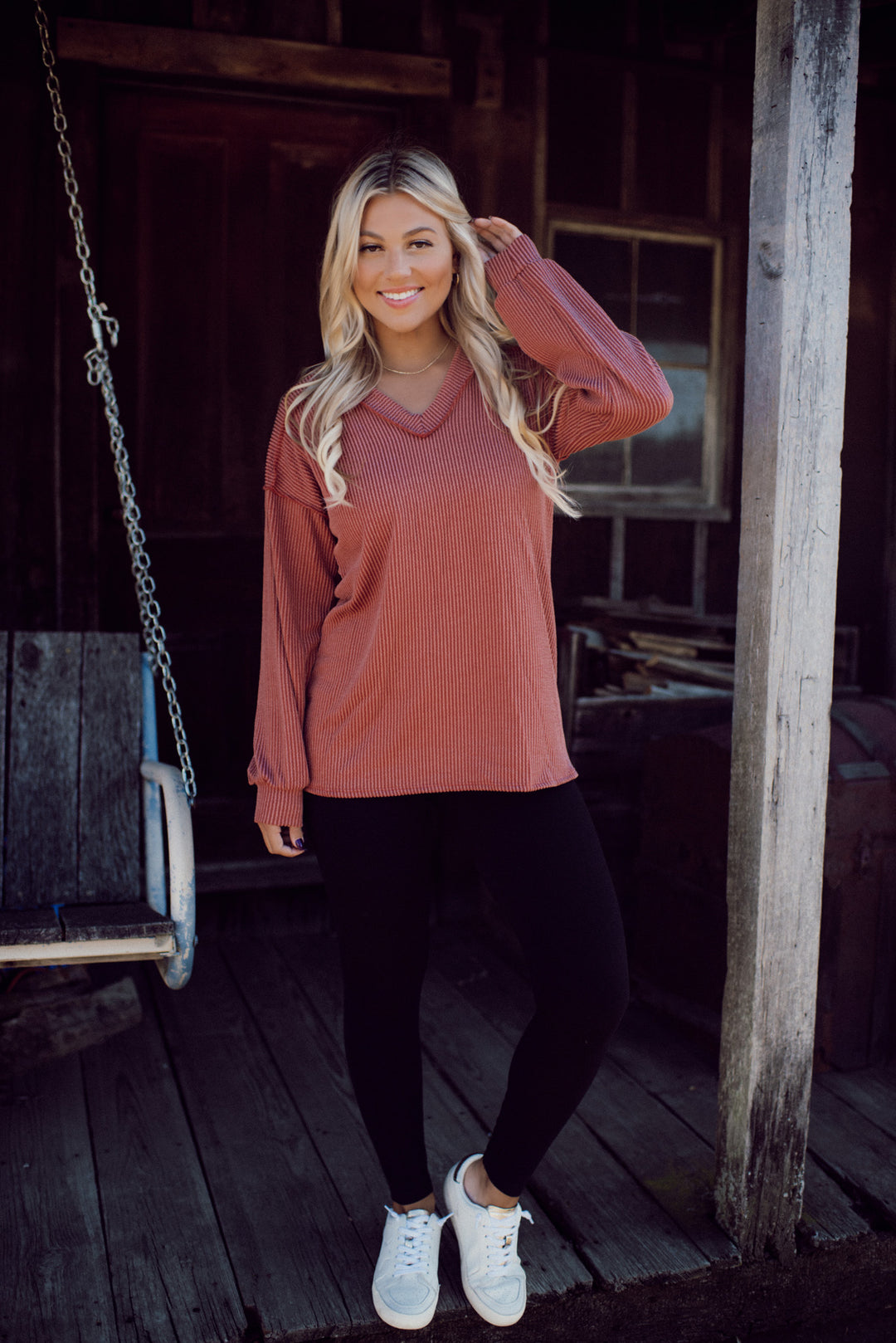 Ribbed Appeal Long Sleeve V-Neck (Rust)