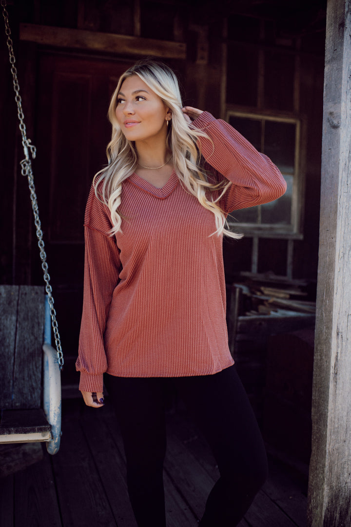 Ribbed Appeal Long Sleeve V-Neck (Rust)