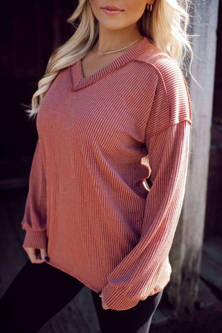 Ribbed Appeal Long Sleeve V-Neck (Rust)