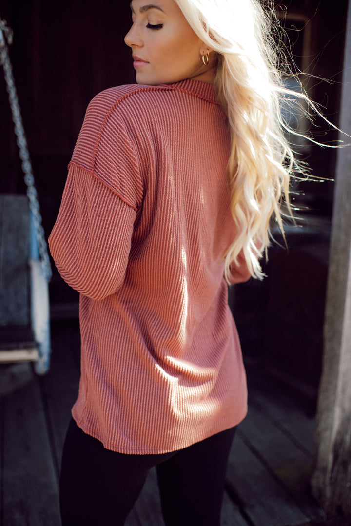 Ribbed Appeal Long Sleeve V-Neck (Rust)