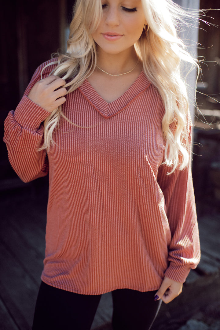 Ribbed Appeal Long Sleeve V-Neck (Rust)