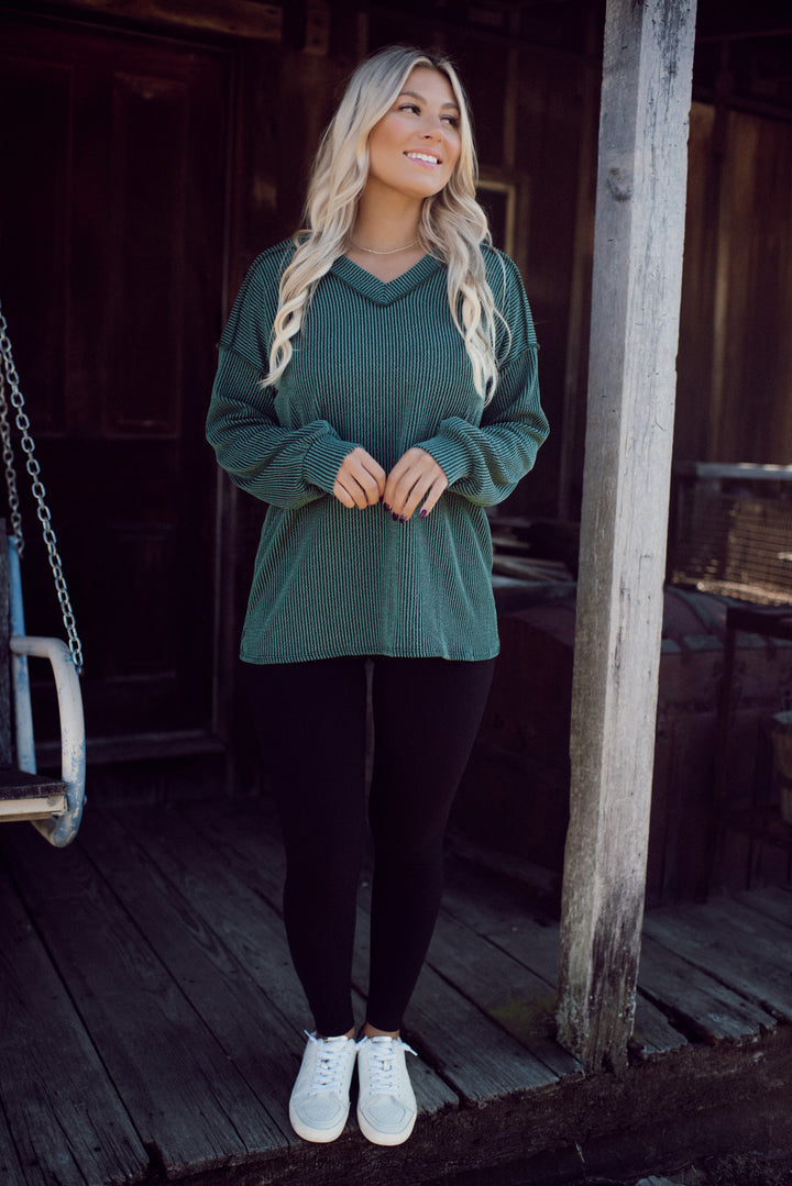 Ribbed Appeal Long Sleeve V-Neck (Hunter Green)