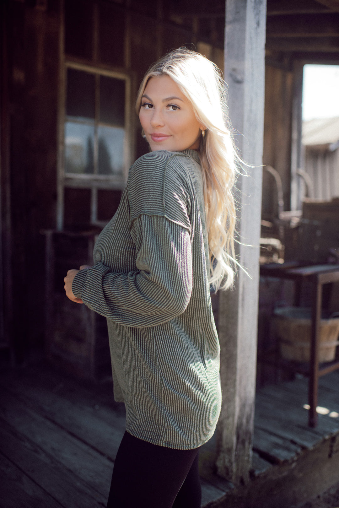 Ribbed Appeal Long Sleeve V-Neck (Olive)