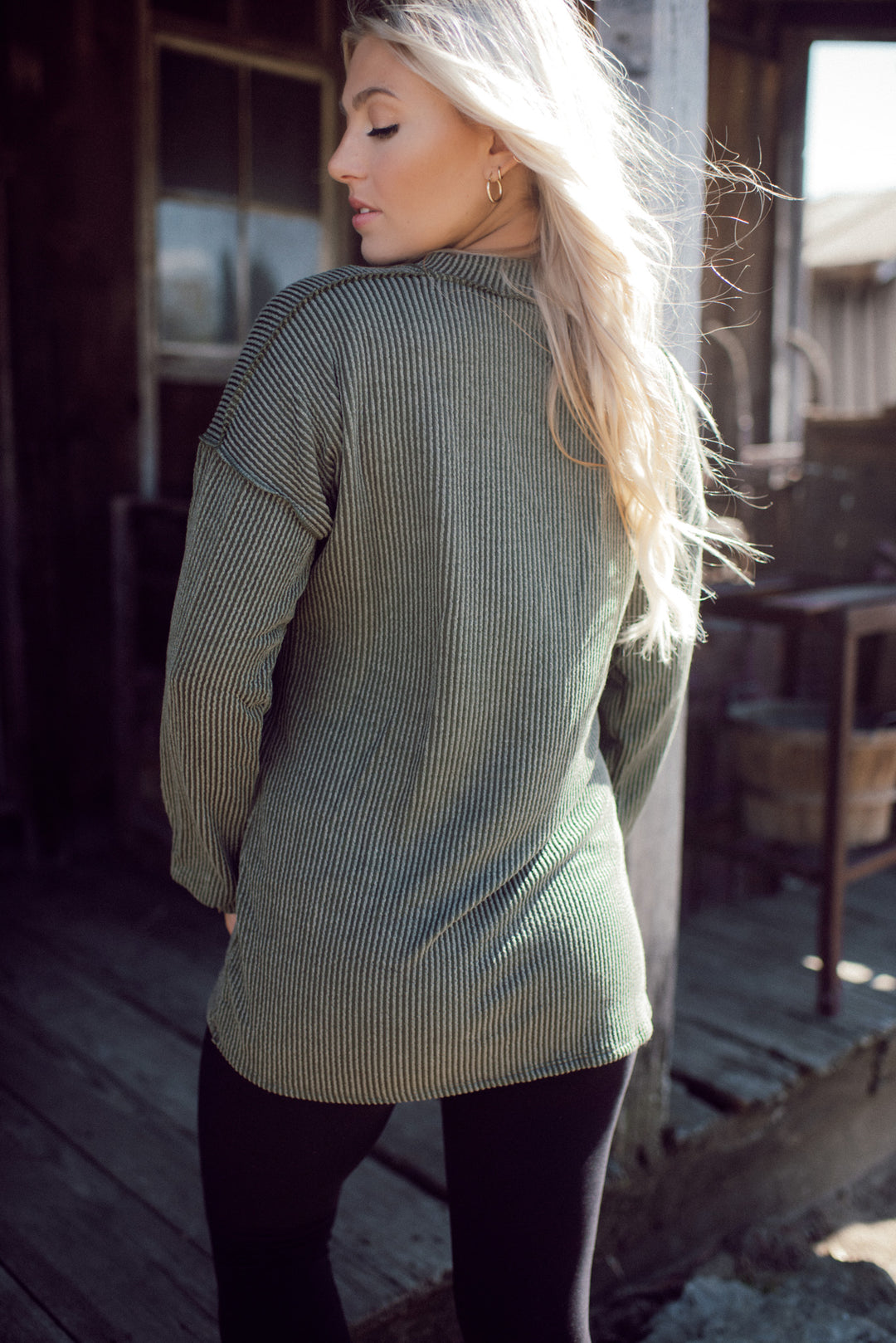 Ribbed Appeal Long Sleeve V-Neck (Olive)