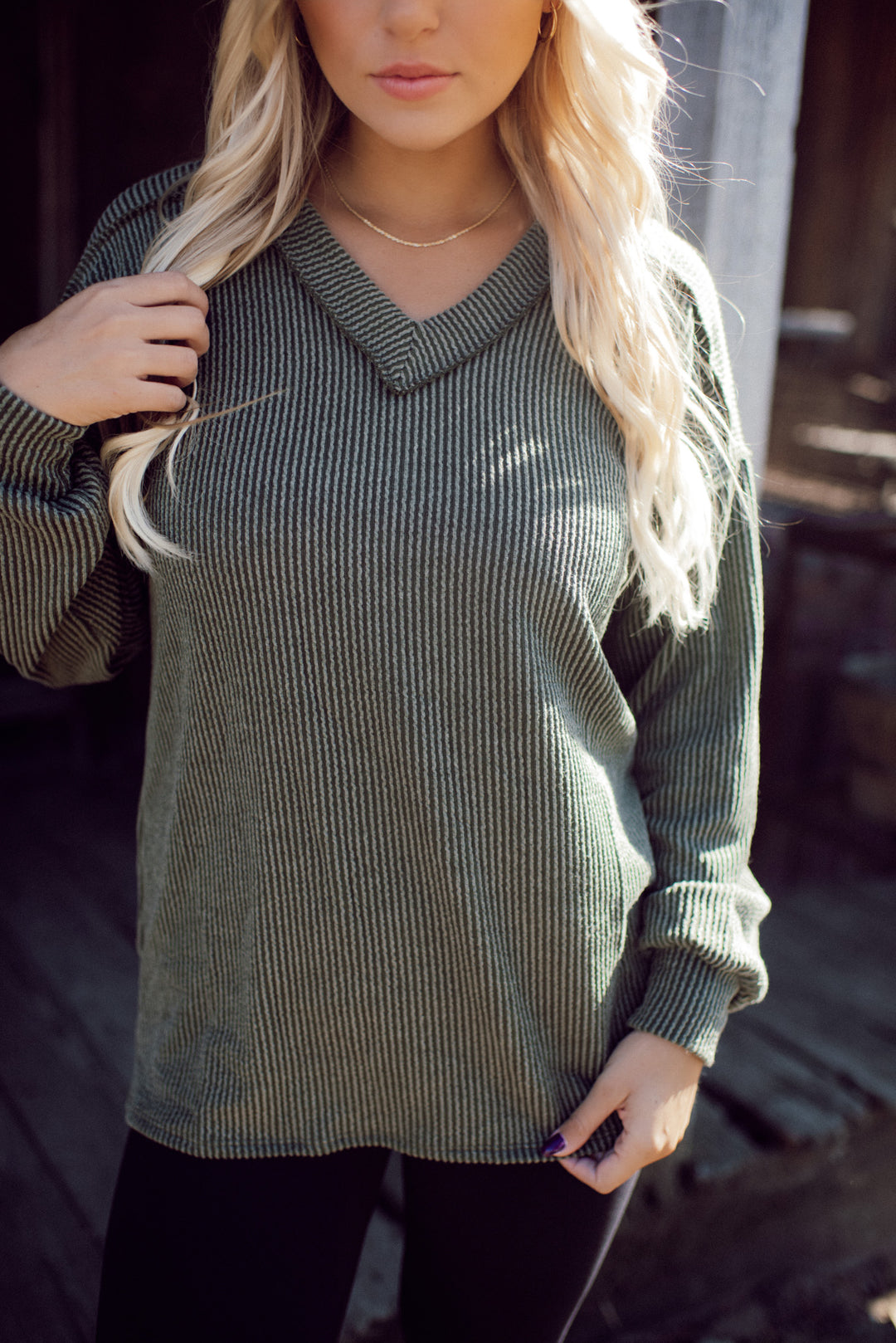 Ribbed Appeal Long Sleeve V-Neck (Olive)