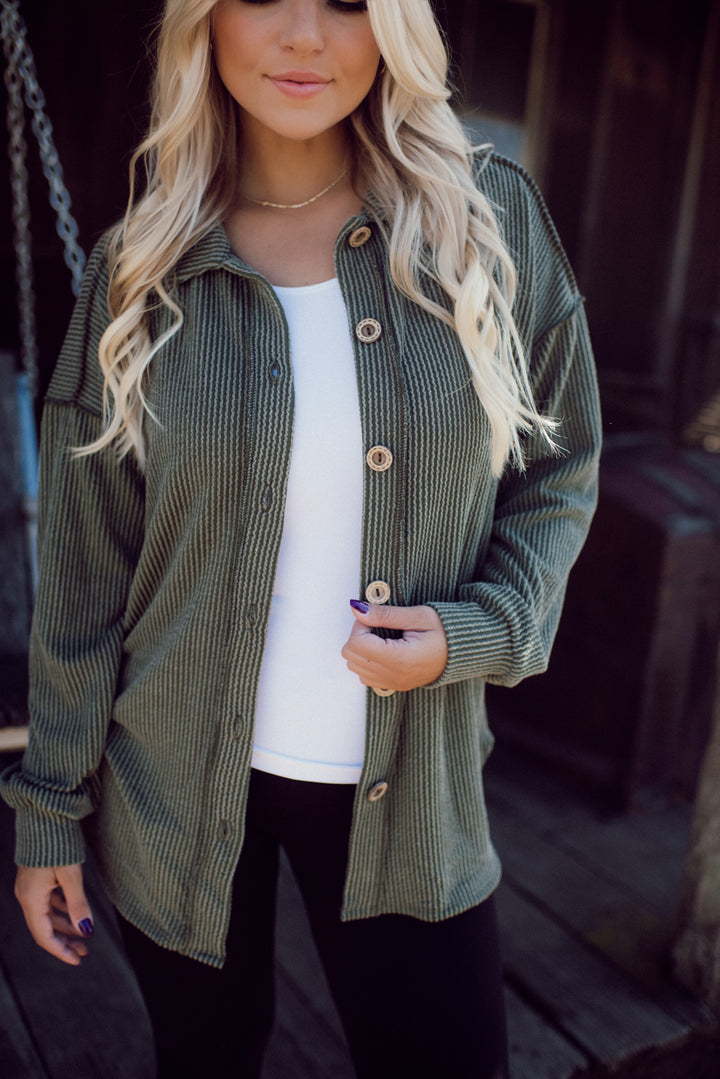 Feelin' Fine Ribbed Button Down (Olive)