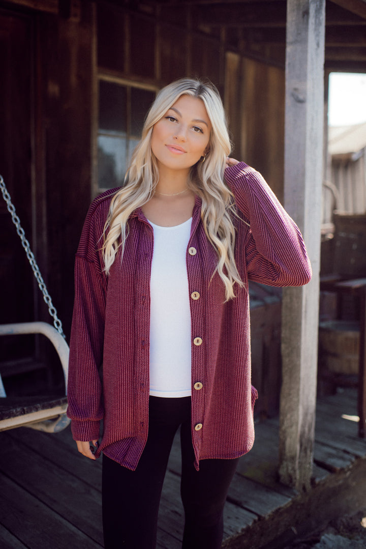 Feelin' Fine Ribbed Button Down (Burgundy)