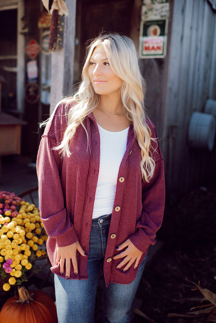 Feelin' Fine Ribbed Button Down (Burgundy)