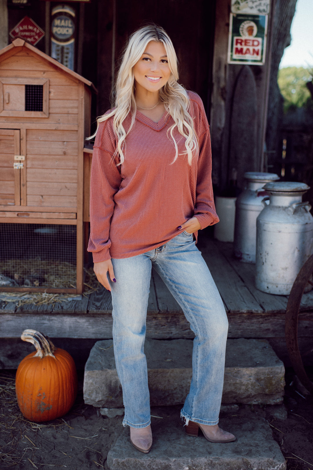 Ribbed Appeal Long Sleeve V-Neck (Rust)