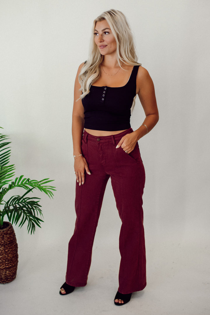 Phoebe High Rise Front Seam Straight Jeans in Burgundy