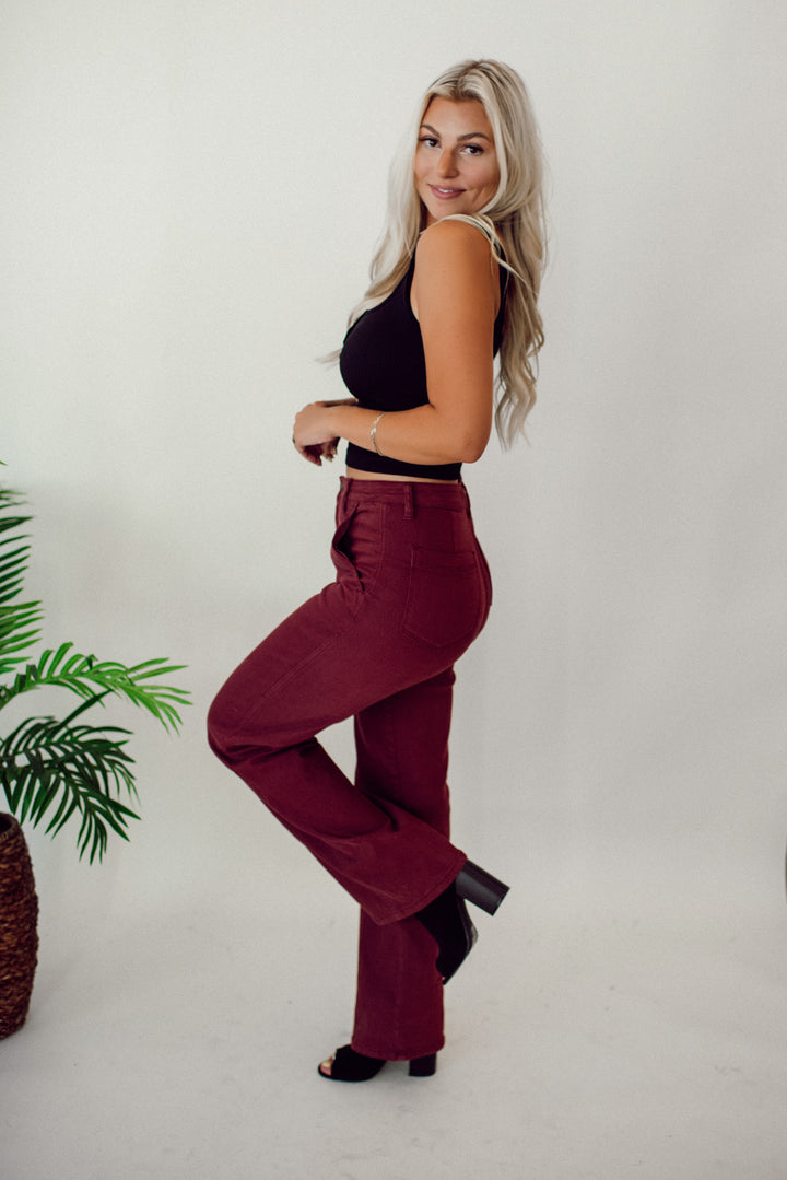 Phoebe High Rise Front Seam Straight Jeans in Burgundy