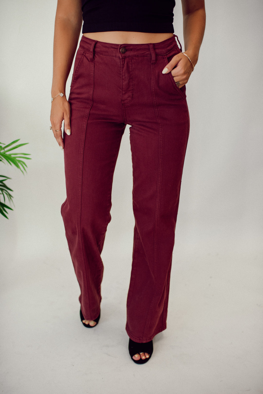 Phoebe High Rise Front Seam Straight Jeans in Burgundy