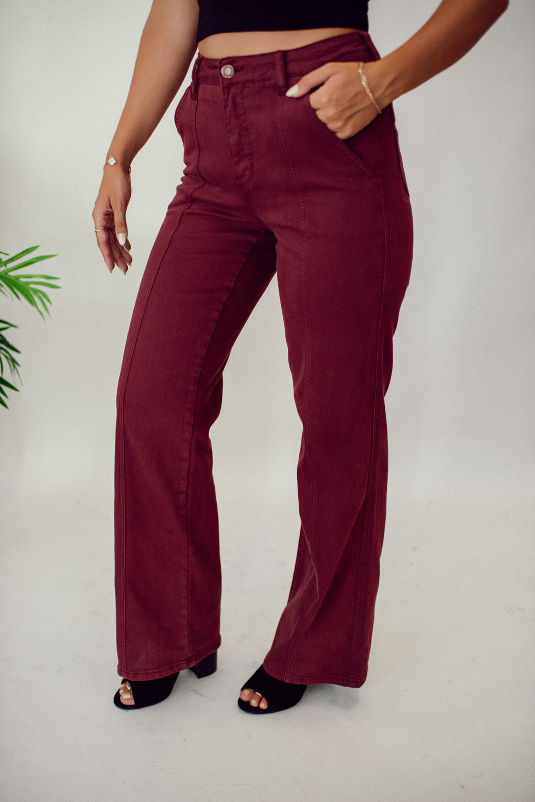 Phoebe High Rise Front Seam Straight Jeans in Burgundy